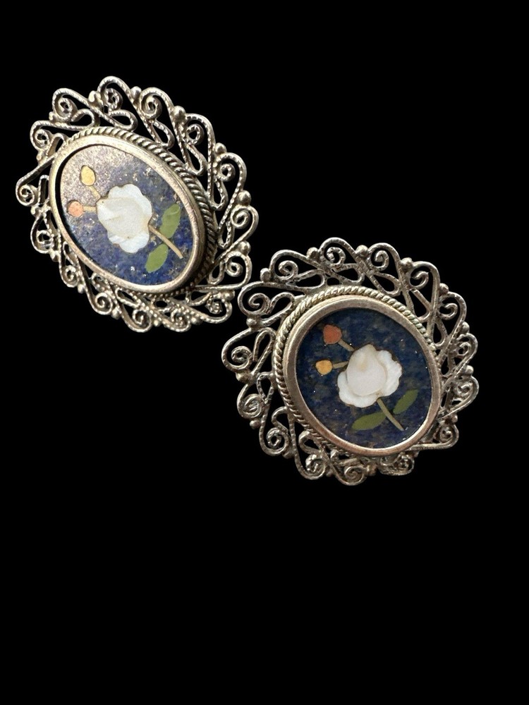 Pietra Dura Italy 800 Silver Screw Back Oval Ornate Earrings