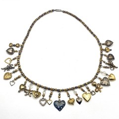 Vtg Estate Silver Bronze Gold Tone 24 Charms Necklace Glass Works Studio Style