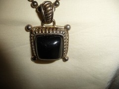 PD PENDANT SILVER TONE L BLACK STONE w HEAVY BALL BEAD CHAIN NECKLACE #26/19K