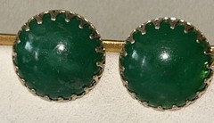Vintage Hong Kong Green Lucite Cabochon Clip Earrings Gold Tone Faux Jade 60’s