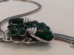 Selro Lariat Necklace Emerald Green Lucite Pendants Czech Glass Rhinestone 1960s