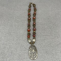 Vintage Necklace Painted Glass Beads Metal Beads Metal Filigree Pendant