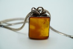 Vintage Sterling Silver Amber Pendant 45mm x 24mm Necklace 24″ x 3mm JB49