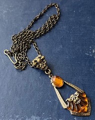 Vintage Lavalier Necklace Art Deco Pendant W/ Antique Amber Topaz Czech Glass