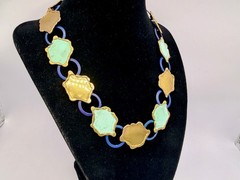 Vintage Artisan Brass Blue Green OOAK Collar Necklace Brutalist 16” DbG A