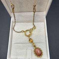 Vintage 12k GF Pocket Watch Chain FOB Necklace, Dog Clip,Goldstone & Citrine Gem