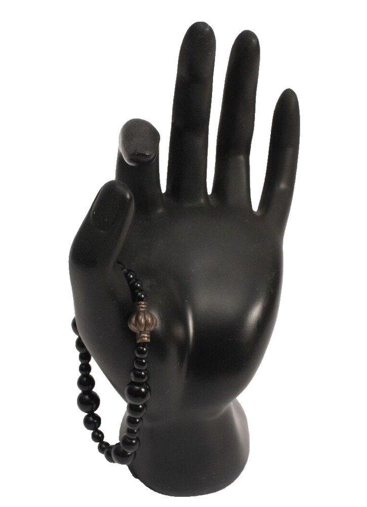 Black Onyx Bead Bracelet 7 Inches Stretchy with Boho Charm Vintage