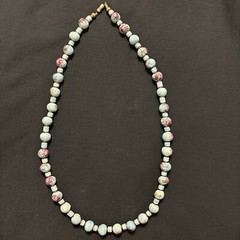 Vintage Hand Painted Porcelain Bead Necklace Turquoise Color Blue With Roses