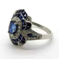 Art Deco Vintage Sapphire Lab Created Diamond 14K White Gold FN Engagement Ring