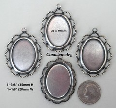 #1689 ANTIQUED STERLING SILVER PLATED 25×18 BEZEL W/RAISED LACE BORDER – 4 Pcs