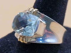 Vintage Sterling Silver 925 Large Cushion-Cut Aquamarine & Gold Accents Size 8.5