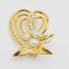 Heart Modernist Abstract Faux Pearl Rhinestone Open Metal Gold Tone Brooch Pin