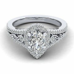 Art Deco Pear Lab Created Diamond Bridal, Party Wear 14K White Gold Finish Ring