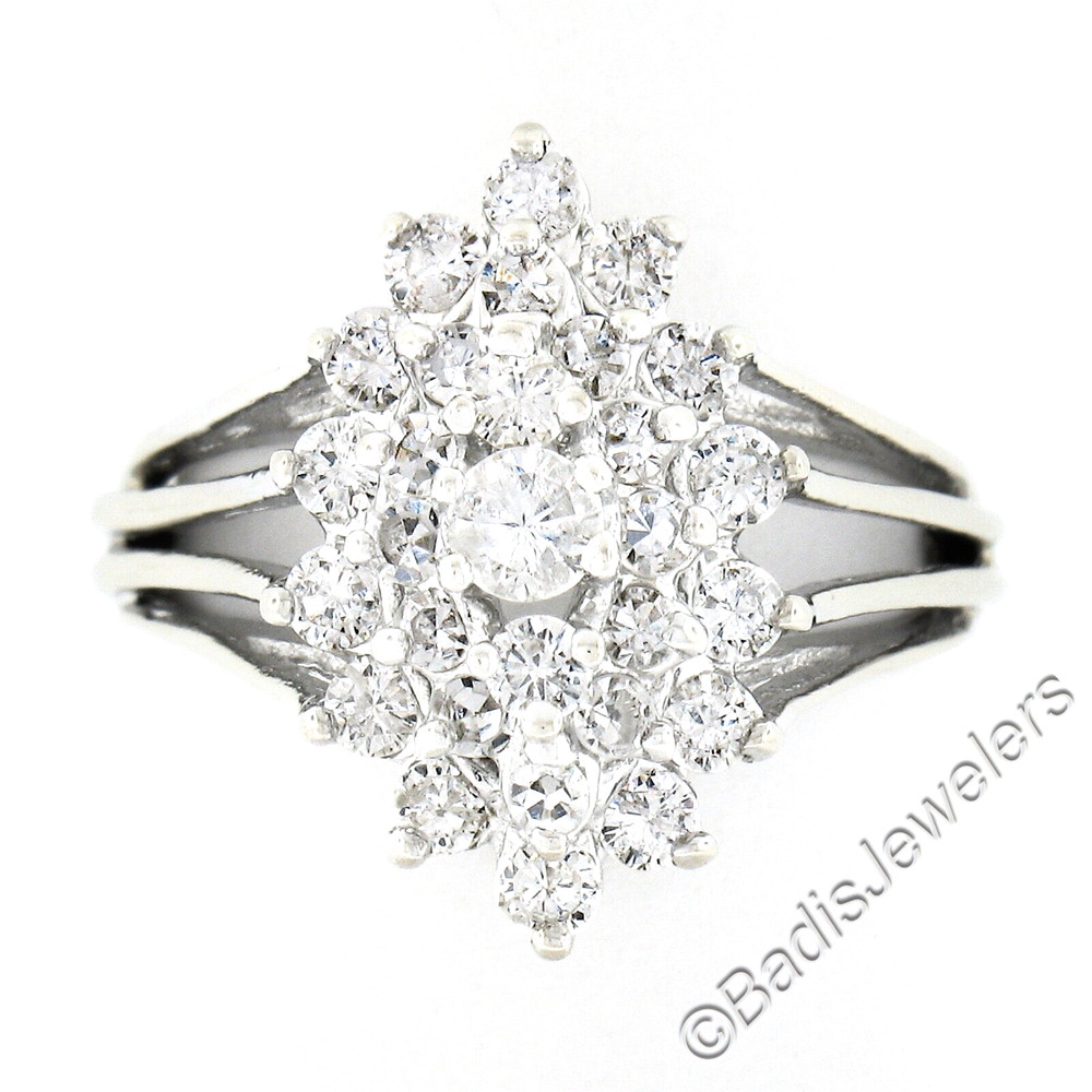 Vintage 14K White Gold 1.35ct Prong Diamond Marquise Navette Tiered Cluster Ring