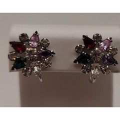 Vintage B David Screw-back Earrings Silver-tone Multi-colored Faceted Crystal