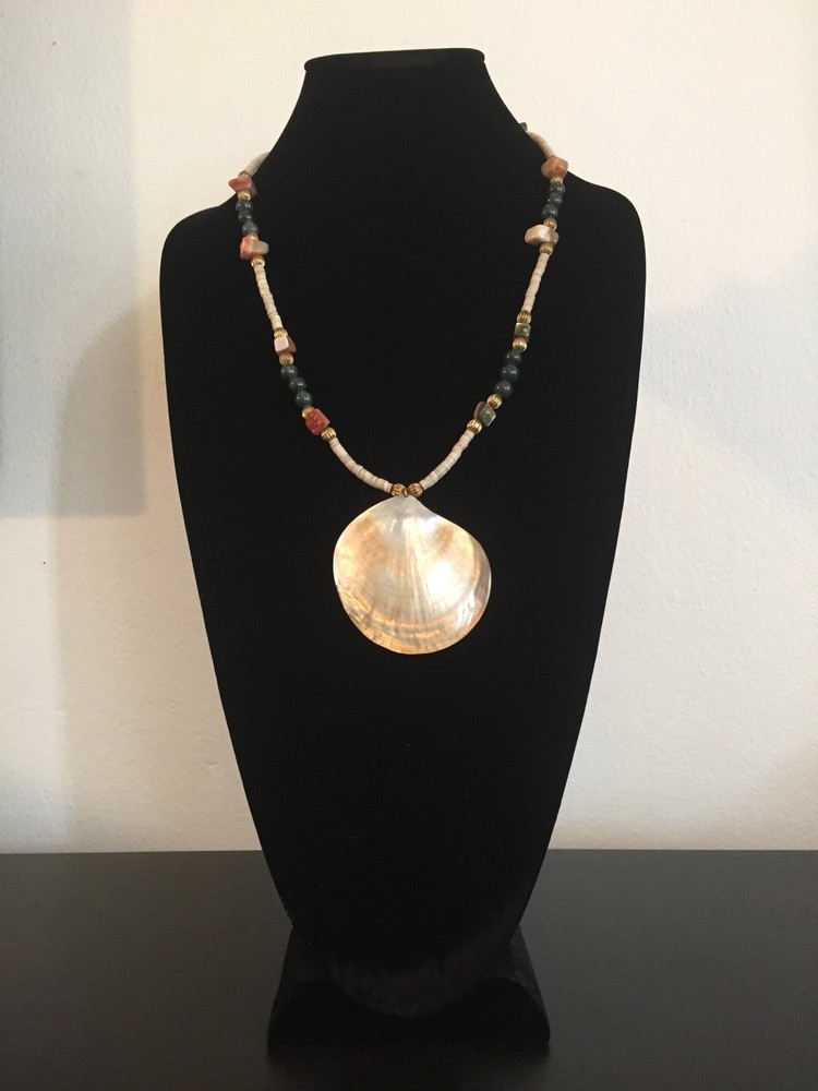 Shell Pendant on a Green, Gold, and Tan Necklace – 25.25 in.