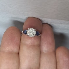 Platinum Vintage Engagement Ring 1.71ct.Natural Round Diamond Blue Sapphire Pear