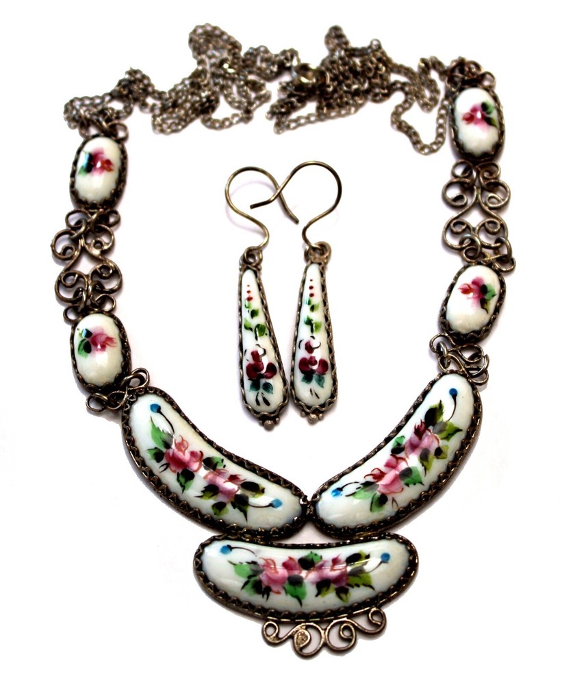 Vintage Unique Russian Enamel Hand Painted Jewelry Set Earrings + Necklace #28a