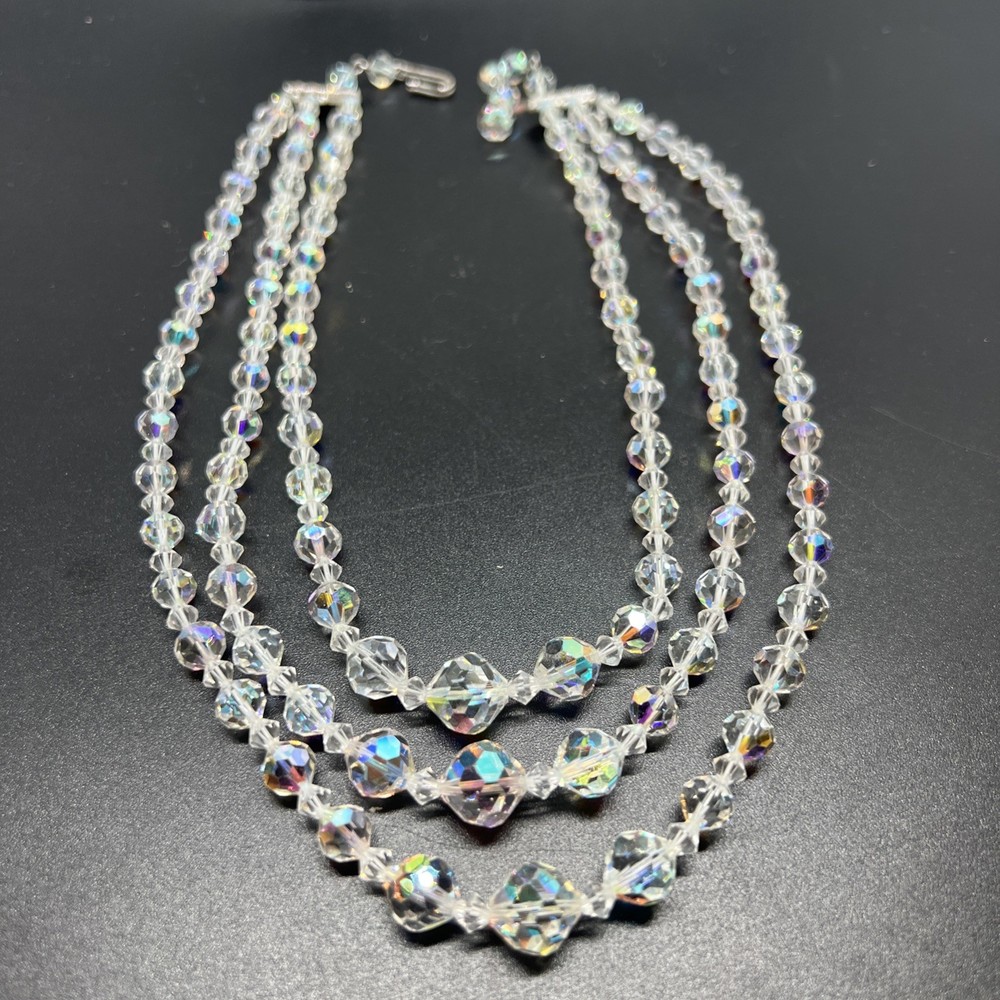 Vintage Beautiful 3 Strand 15”-16.5” Necklace AB Aurora Borealis Crystal Beaded