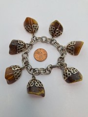 Vintage Chunky Silver Tone Charm Bracelet Faux Amber Lucite Honeycomb Caps