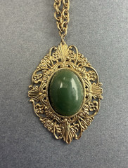Vintage Green Lucite Faux Jade Filigree Pendant Long Brass Chain Bead Necklace