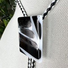 Stunning Vintage Black & White Artist Signed Fused Glass Western Bolo Tie