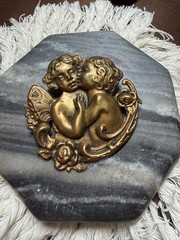 Art Nouveau Repousse Style Young Angels Putti Cupid Flowers Pin Brooch 2.25in