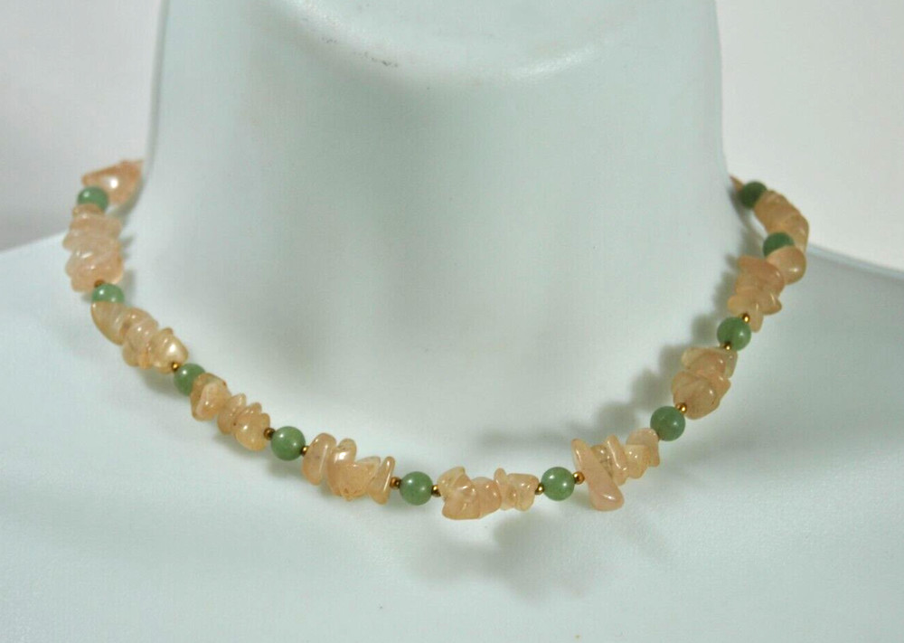 Vintage Jade Pink and Green Bead 15″Necklace Hand Strung Gold Tone Twist Closure
