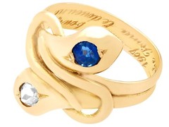 0.29 Ct Sapphire and 0.24 Ct Diamond, 18k Yellow Gold Snake Ring – Antique