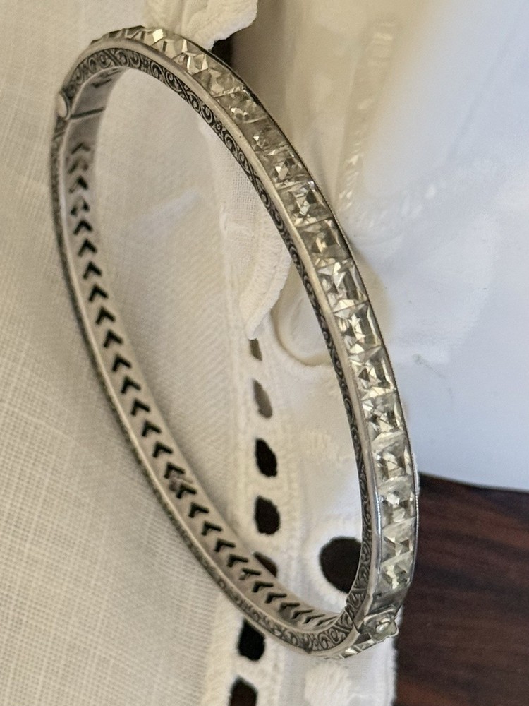 Antique Sterling Silver Engraved Channel Set Square Paste Hinged Bangle Bracelet