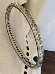 Antique Sterling Silver Engraved Channel Set Square Paste Hinged Bangle Bracelet