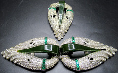 Amazing Art Deco Rhinestone Green BAKELITE Dress Clip Buckle Set