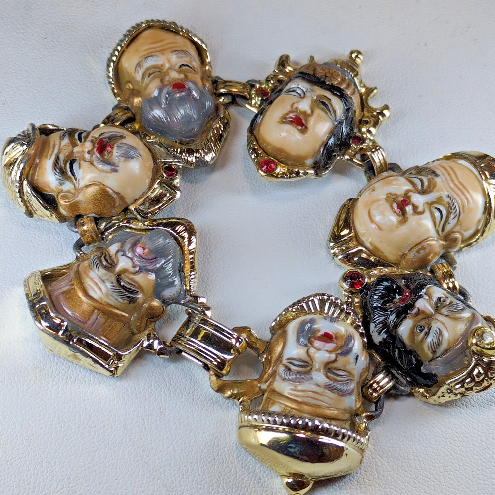 Vintage SELRO SELINI Seven Lucky Gods Bracelet Asian Fortune Faces Figural Panel