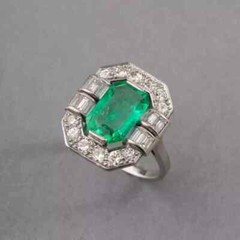 14k White Gold Finish Art Deco Style Lab Created Diamond & Emerald Wedding Ring
