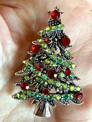 Green AB Rhinestone Christmas Tree Brooch 1.8X1.2 inches