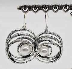 Spiral Earring Faux Pearl pierced Silver tone Hammered Dangle Boho 2.25 in