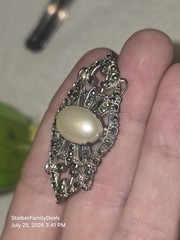 Vtg Sterling Silver Faux Pearl Marcasite Brooch Pin Art Deco Or Victorian