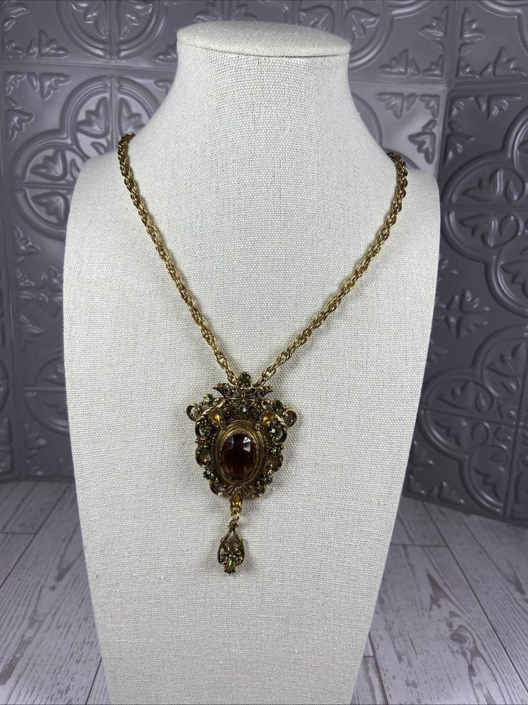 Vintage Amber Glass Gold Tone Scroll Pendant With Heavy Chain 12” Drop Length