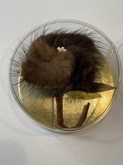 Mink Fur Flower Brooch Pin Faux Pearl Gold Leaf Accent Mid-Century Vintage Box