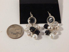 Faceted Crystal, Black, Silver and faux Pearl Bead Dangle Pierced Earrings EUC