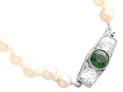 Single Strand Pearl Necklace with Sapphire, Diamond and 12k White Gold Clasp