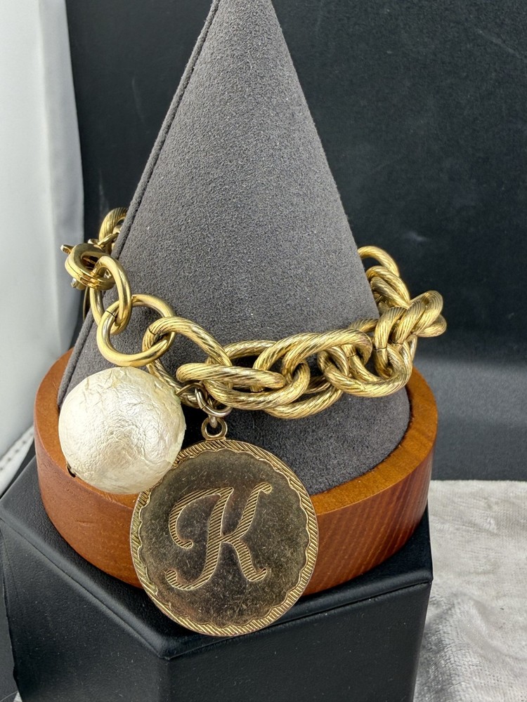 Vintage Maximal Art Charm Bracelet Initial K Coin Faux Pearl John Wind 7.5″