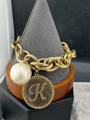 Vintage Maximal Art Charm Bracelet Initial K Coin Faux Pearl John Wind 7.5″