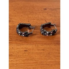 Vintage Gunmetal Barrel Huggie Hoop Earrings Hematite Crystal No Brand