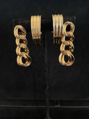 MONET EARRINGS Lot Of 2 Gold Tone PIERCED Double Link Drop + Ribbed Half Loop