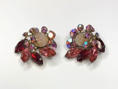 Vintage Pink Lava Glass Cabochon Red Pink and AB Rhinestone Clip On Earrings