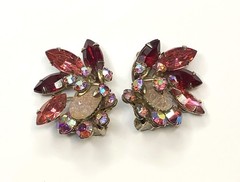 Vintage Pink Lava Glass Cabochon Red Pink and AB Rhinestone Clip On Earrings