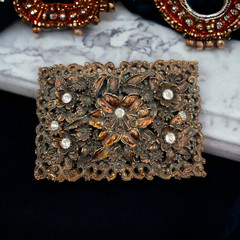 Antique Signed Greenbaum Victorian flowers rhinestone Gold-tone buckle 3.5″