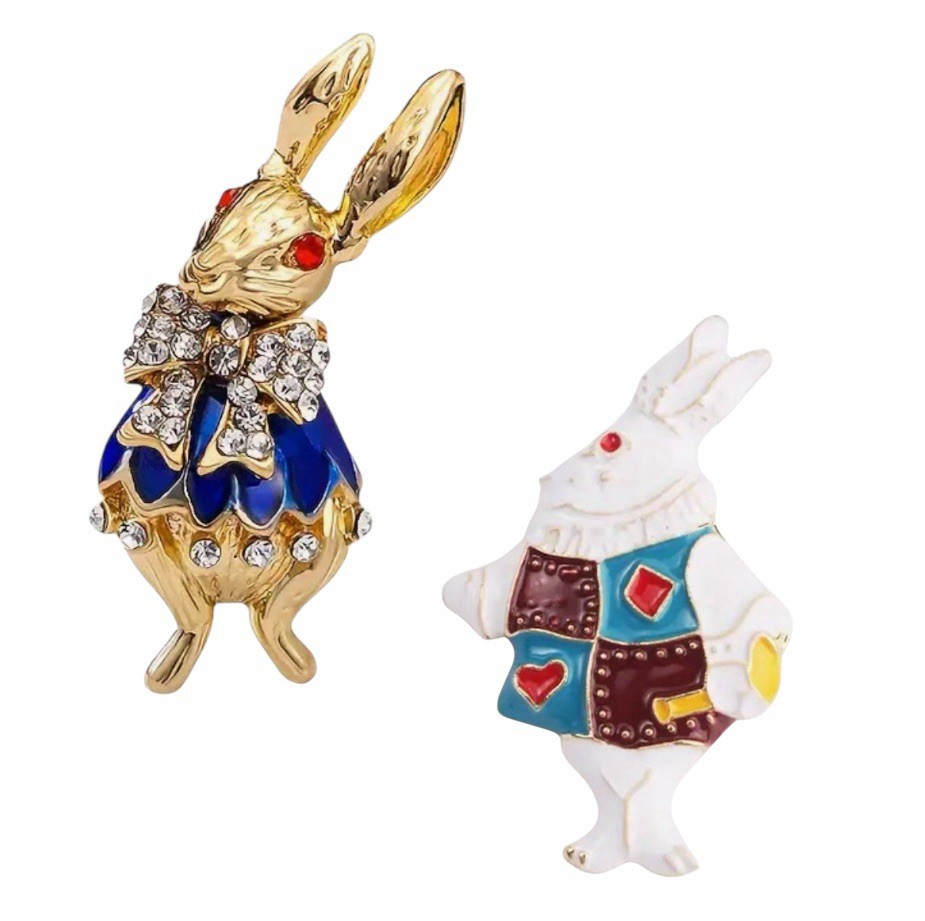 GOLD RHINESTONE ENAMEL BROOCHPIN SET EASTER WHITERABBITBUNNY ALICE IN WONDERLAND