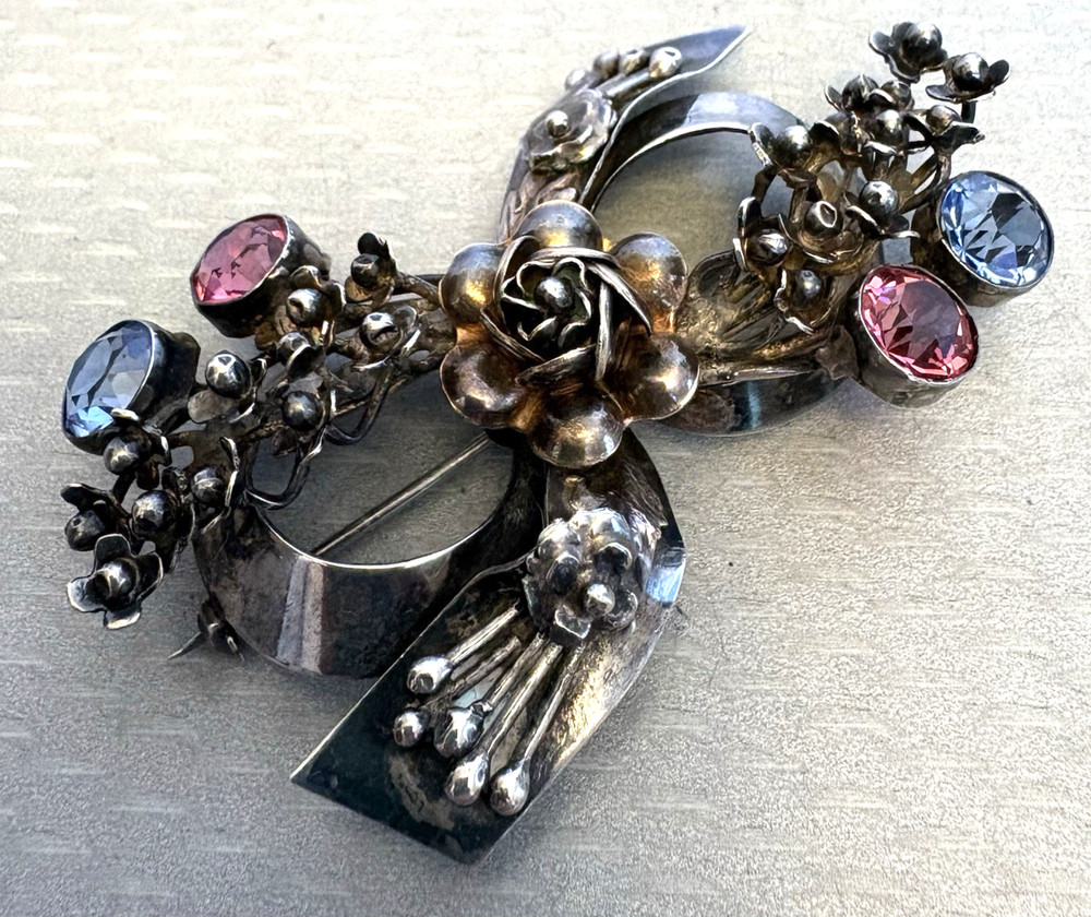 Hobe Sterling Silver Bow Brooch Large 3D Rose Floral Pink Blue Glass Jeweled 3″